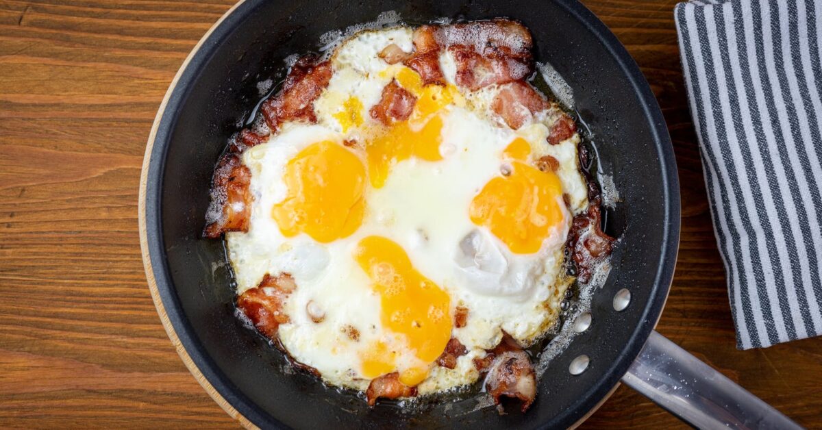 A Frying Pan with Bacon and Eggs