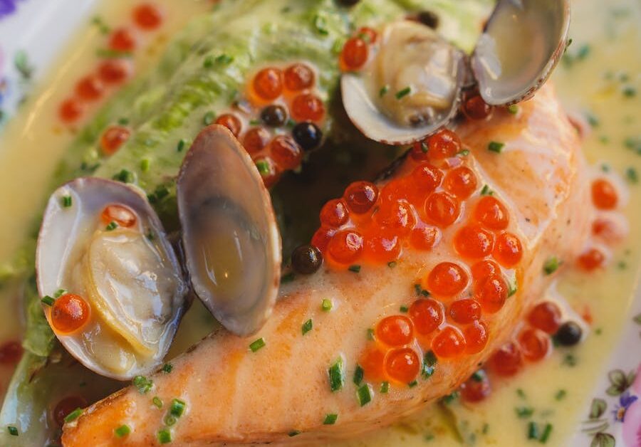 A Seafood Dish with Salmon, Clams and Caviar