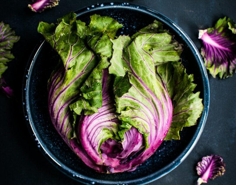 purple and green vegetable in black bowl